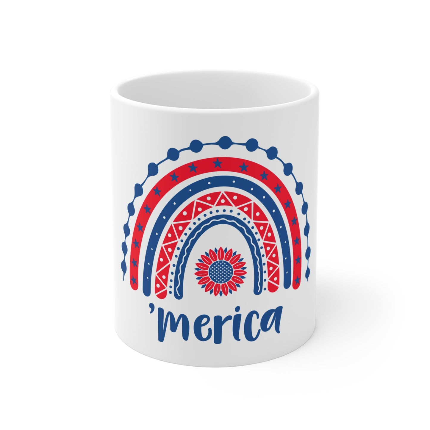 Merica Coffee Mug – Whimsical Patriotic Rainbow Sunflower Design – Cute USA Mug – Red White Blue Americana Gift Mug 11oz