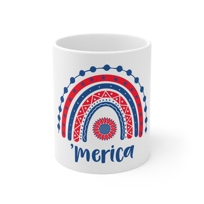 Merica Coffee Mug – Whimsical Patriotic Rainbow Sunflower Design – Cute USA Mug – Red White Blue Americana Gift Mug 11oz