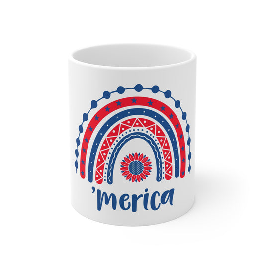 Merica Coffee Mug – Whimsical Patriotic Rainbow Sunflower Design – Cute USA Mug – Red White Blue Americana Gift Mug 11oz