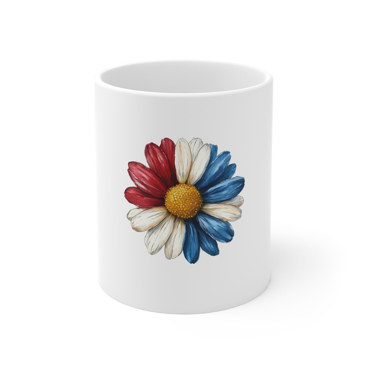 Patriotic Daisy 11oz Mug — Red White & Blue Flower Coffee Cup