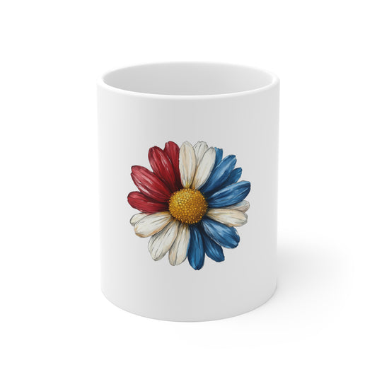 Patriotic Daisy 11oz Mug — Red White & Blue Flower Coffee Cup