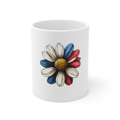 Patriotic Daisy 11oz Coffee Mug — Red White & Blue Flower Ceramic Cup