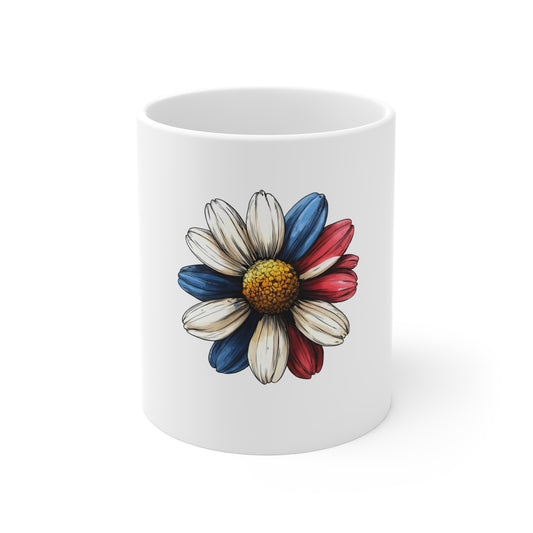 Patriotic Daisy 11oz Coffee Mug — Red White & Blue Flower Ceramic Cup