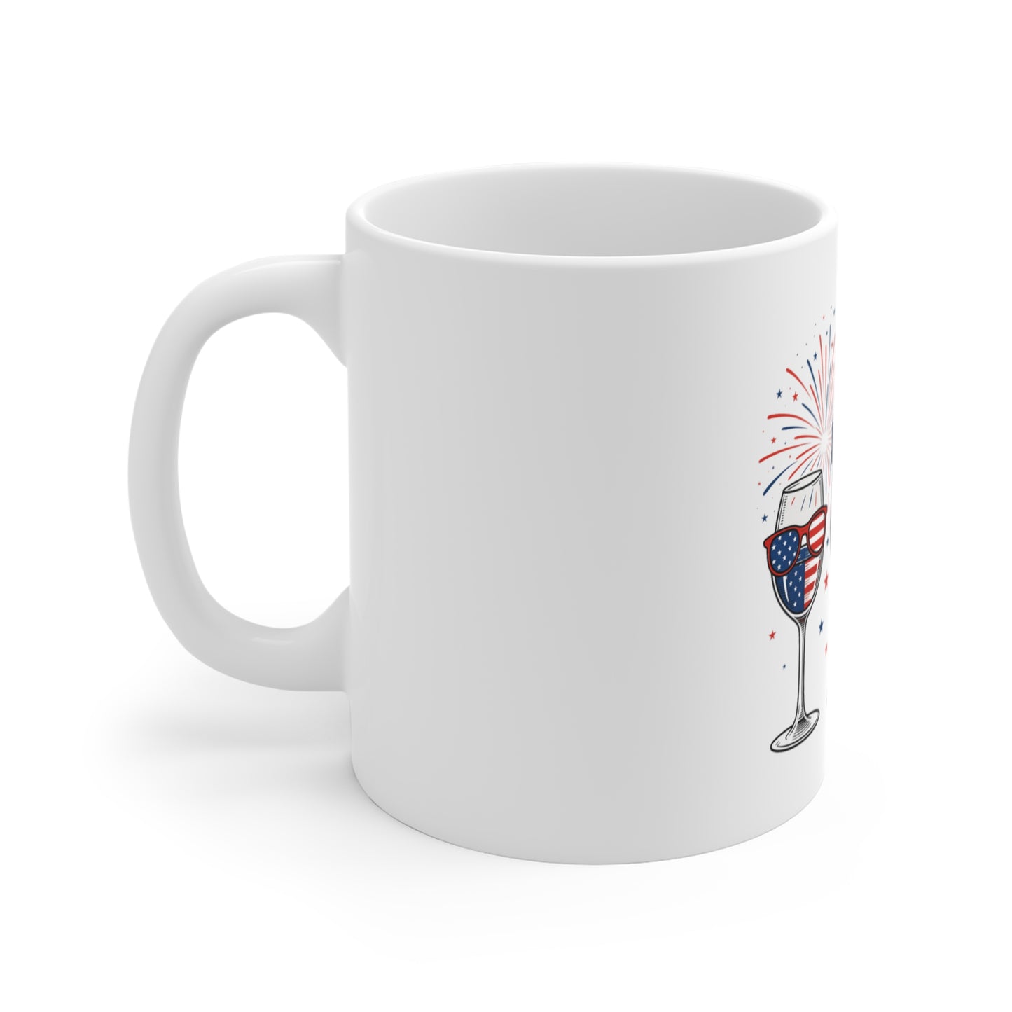 4th of July Wine Glass Mug — Patriotic American Flag Design, Fireworks Coffee Cup
