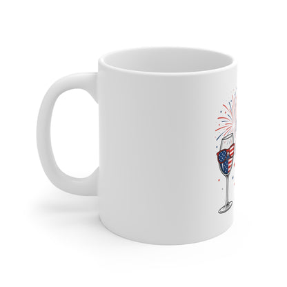 4th of July Wine Glass Mug — Patriotic American Flag Design, Fireworks Coffee Cup