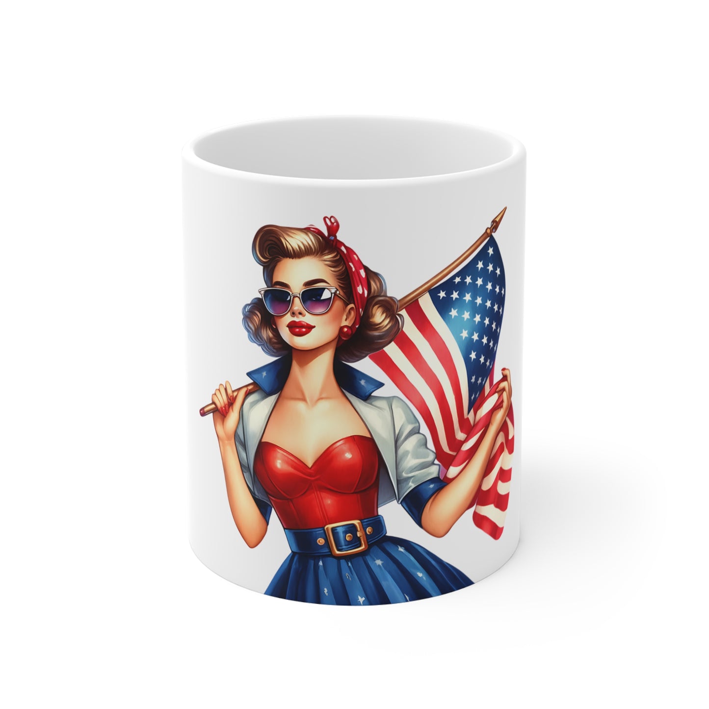 Patriotic Retro Woman with Flag Mug – Vintage Americana Pin Up Coffee Mug – USA Flag Style Cup – 4th of July Gift – Classic Red White Blue Mug Patriotic Pinup Girl Coffee Mug — Vintage 4th of July...