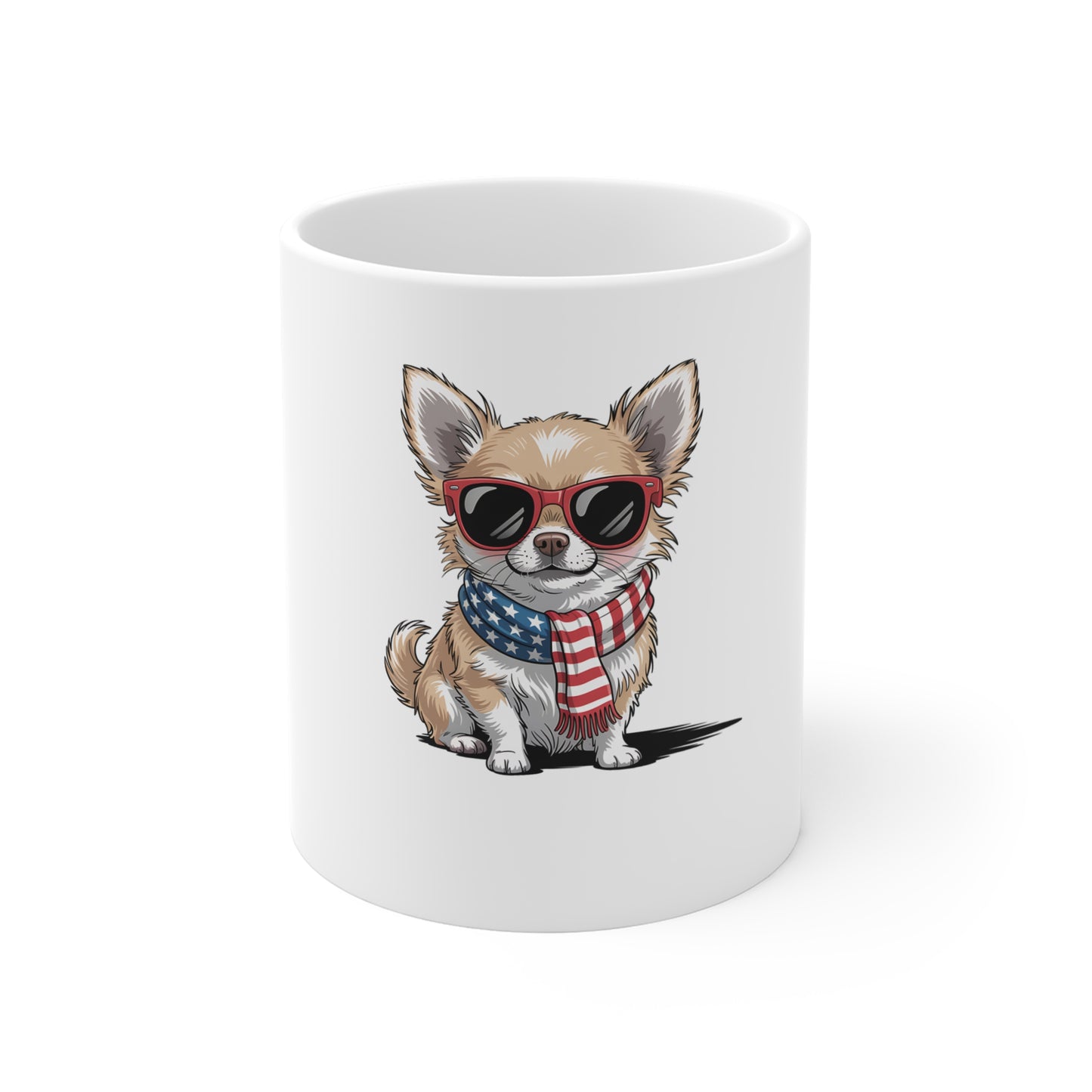 Patriotic Chihuahua Coffee Mug — Cute Dog with American Flag Scarf & Sunglasses 11oz