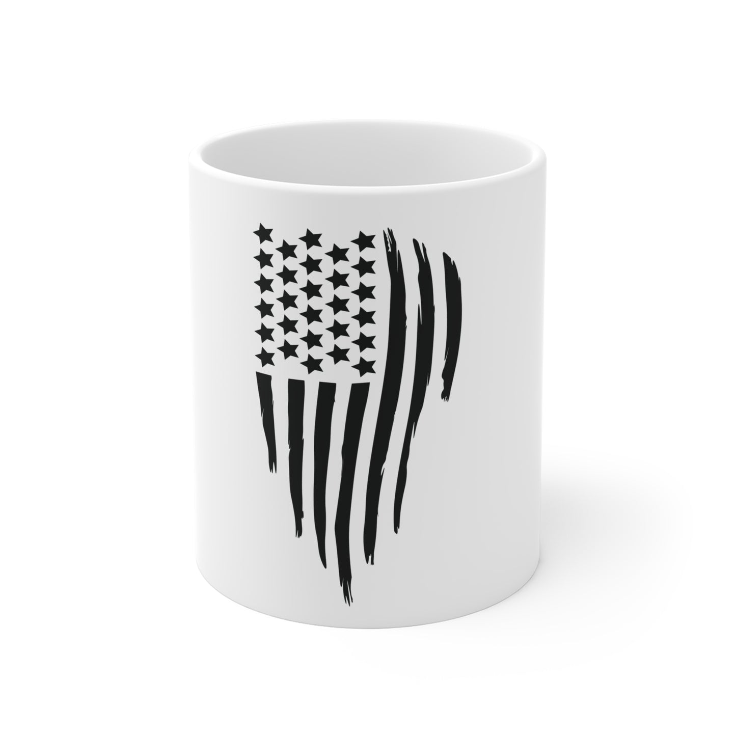 Black Distressed American Flag Coffee Mug – Minimalist Patriotic Mug – Grunge USA Flag Cup – Bold Americana Gift Mug 11oz