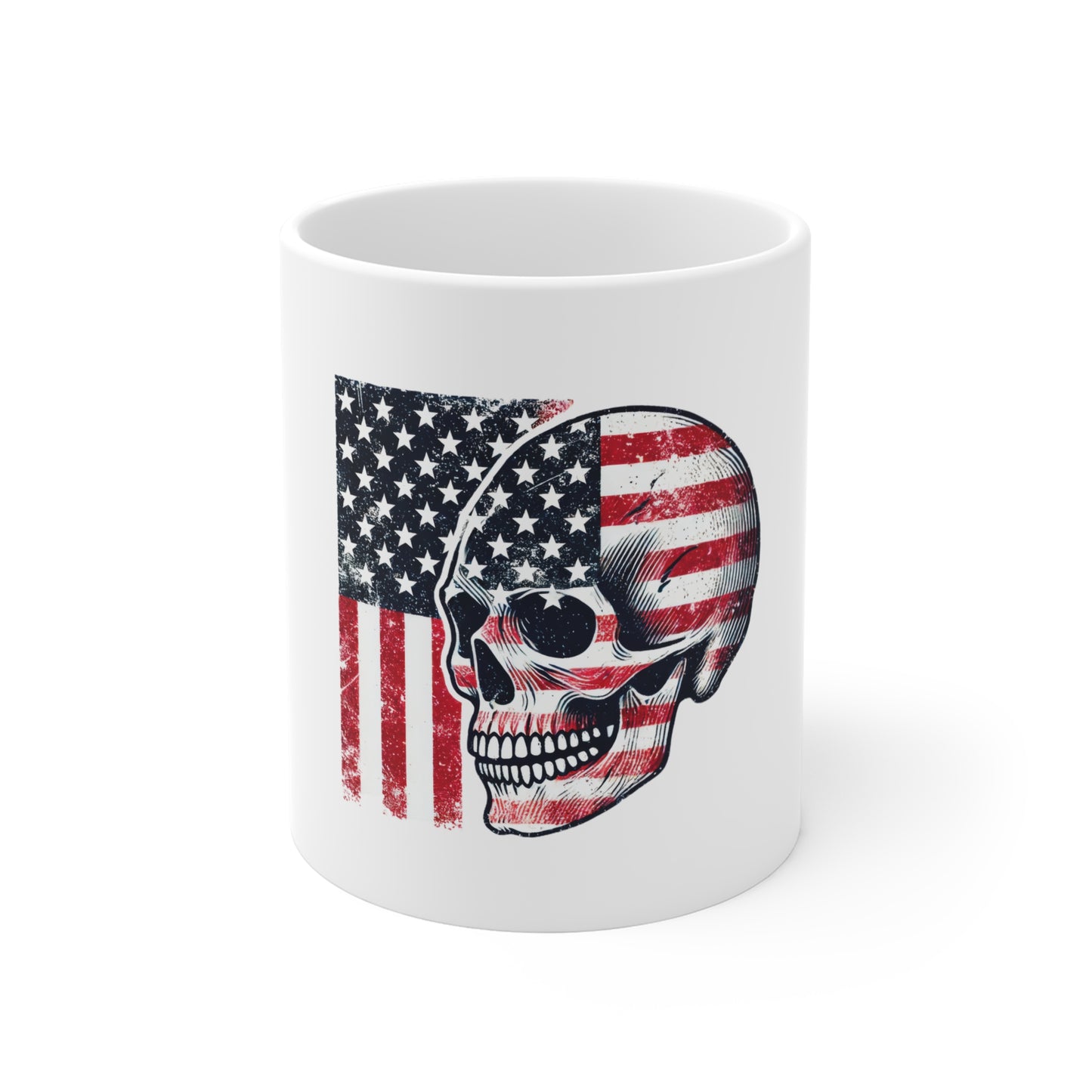 American Flag Skull Mug — Patriotic 11oz Coffee Cup