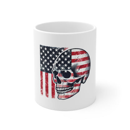 American Flag Skull Mug — Patriotic 11oz Coffee Cup