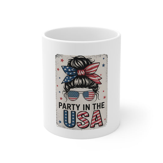 Party in the USA 11oz Mug - Patriotic Messy Bun Retro Fourth of July Coffee Cup
