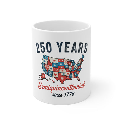 250 Years Semiquincentennial Ceramic Mug — USA Map Patriotic Coffee Cup (since 1776)
