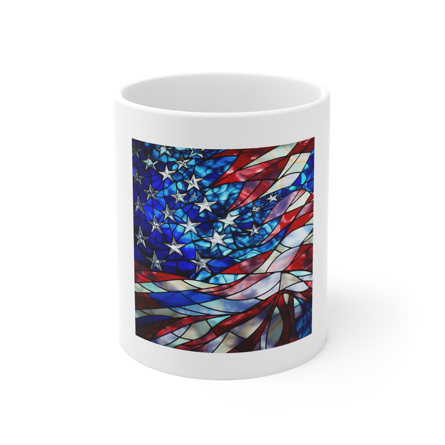 Stained Glass American Flag Coffee Mug – Radiant Stars Artistic Patriotic Mug – Colorful USA Flag Cup – Abstract Americana Gift – Premium Art Mug