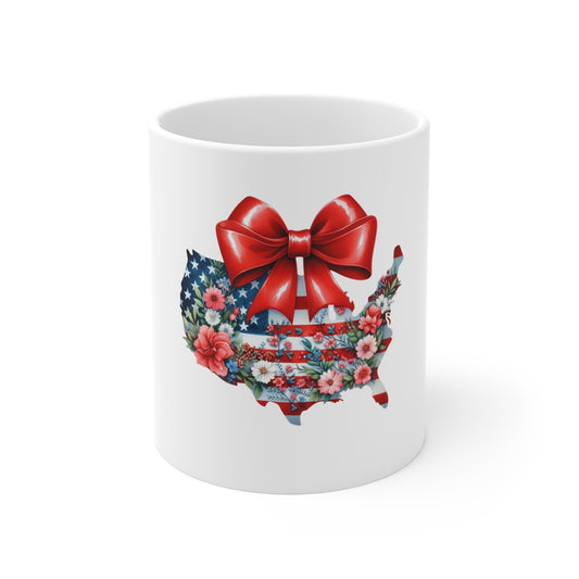 Patriotic USA Map Mug with Floral Stars & Stripes Bow – 11oz