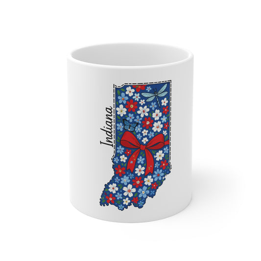Indiana Floral State Mug — 11oz Red Bow & Blue Flower Coffee Cup