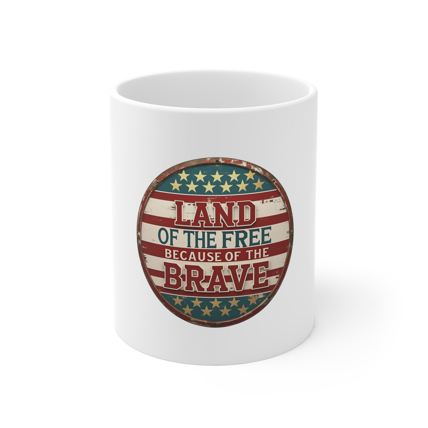 Land of the Free Because of the Brave Coffee Mug – Patriotic Vintage USA Flag Mug – Military Tribute Coffee Cup – Rustic Americana Gift Mug 11oz