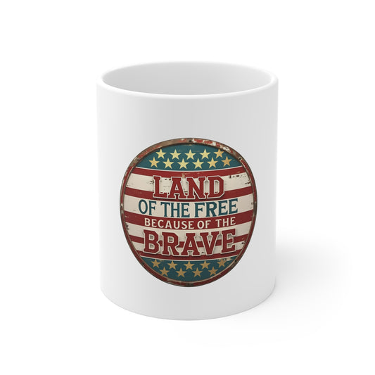 Land of the Free Because of the Brave Coffee Mug – Patriotic Vintage USA Flag Mug – Military Tribute Coffee Cup – Rustic Americana Gift Mug 11oz