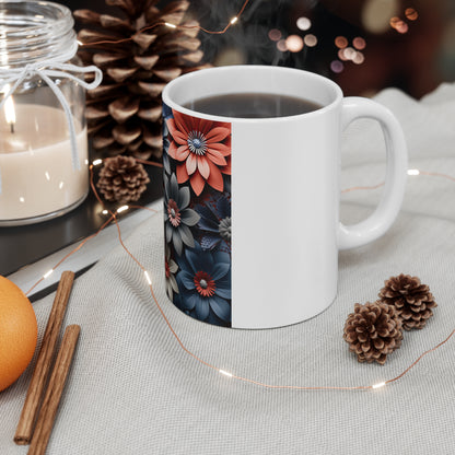 Patriotic 3D Floral Pattern Coffee Mug – Red Blue Layered Flower Mug – Modern Sculpted Botanical Cup – Bold Americana Design Mug Floral Pattern 11oz Mug — Red & Blue Vintage Flower Design