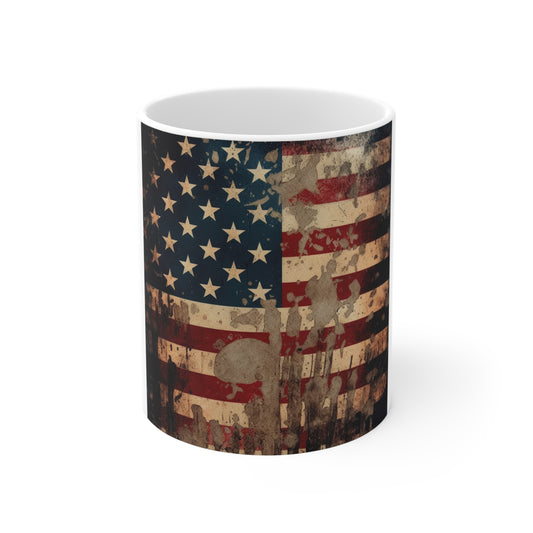 Grunge American Flag Coffee Mug – Paint Splatter USA Flag Mug – Distressed Vintage Patriotic Mug – Rugged Americana Gift 11oz