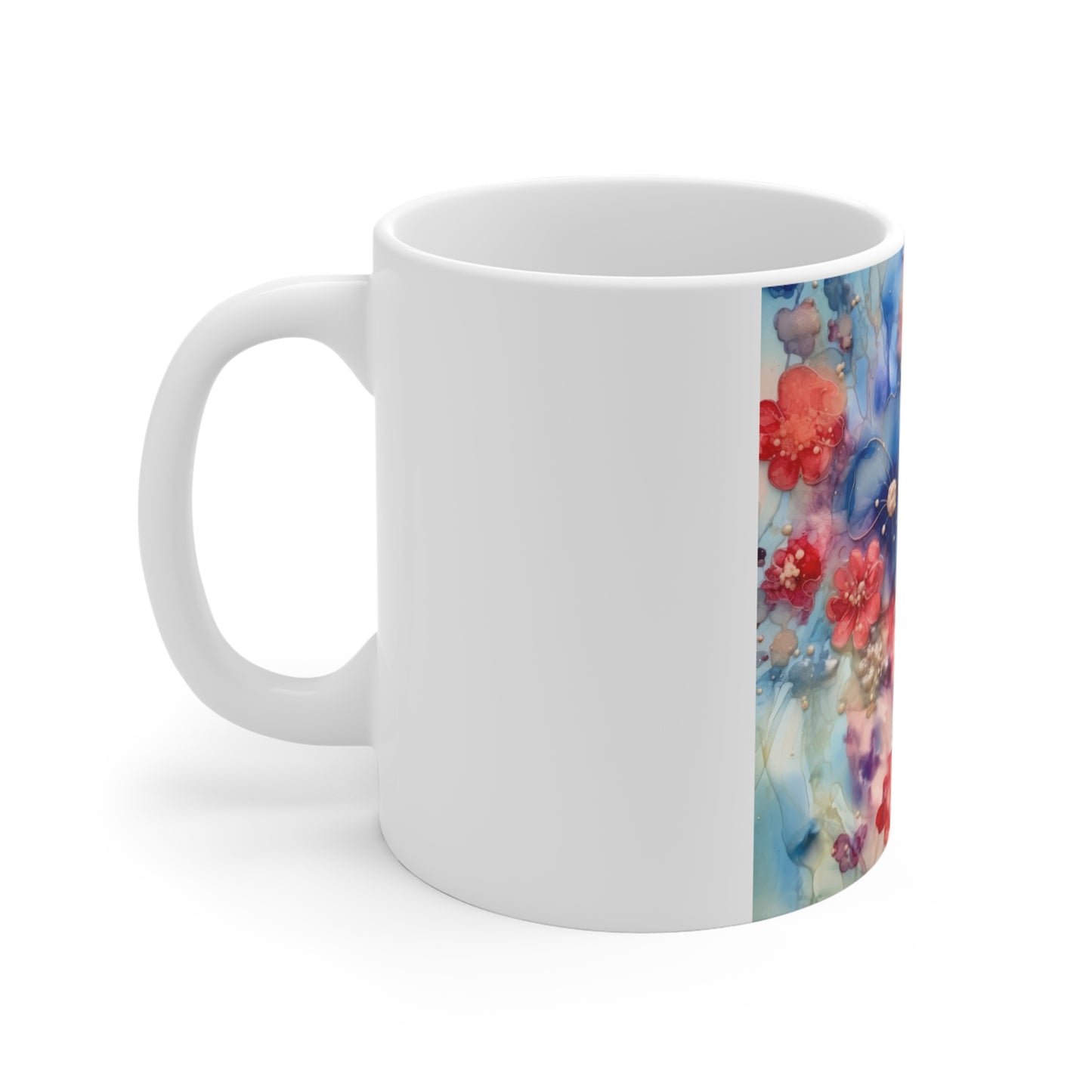 Patriotic Pastel Floral Coffee Mug – Red White Blue Watercolor Flowers Mug – Soft Americana Bloom Cup – Elegant Artistic Gift Floral Watercolor 11oz Coffee Mug — Red & Blue Bloom Pattern