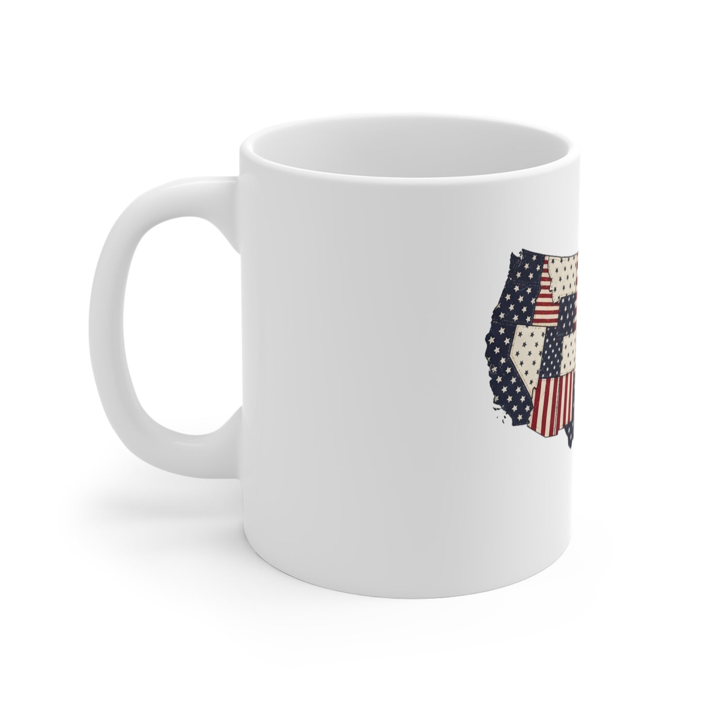 USA Patchwork Map Mug — Patriotic American Flag 11oz Coffee Cup (Fourth of July, Veteran Gift)