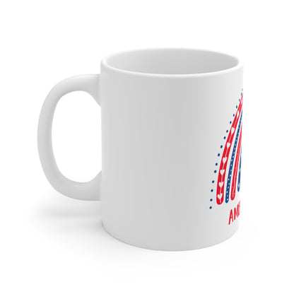 America Y’all Coffee Mug – Whimsical Patriotic Rainbow Design – Cute USA Mug – Red White Blue Americana Gift America Y'all Mug — 11oz Patriotic Red White Blue Coffee Cup (4th of July Gift)