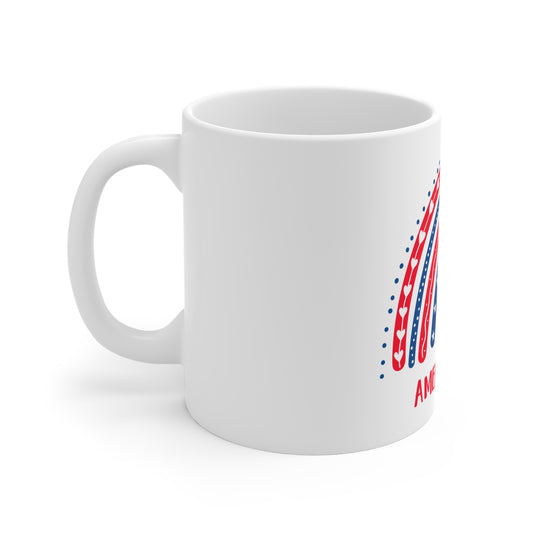 America Y’all Coffee Mug – Whimsical Patriotic Rainbow Design – Cute USA Mug – Red White Blue Americana Gift America Y'all Mug — 11oz Patriotic Red White Blue Coffee Cup (4th of July Gift)