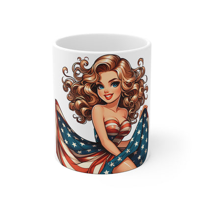 Patriotic Pin-Up Close-Up Mug – Vintage Americana Woman Coffee Mug – Retro USA Flag Dress Cup – Bold American Beauty Mug – Fourth of July Gift Patriotic Pin-Up Girl Coffee Mug – 11oz Americana Flag...