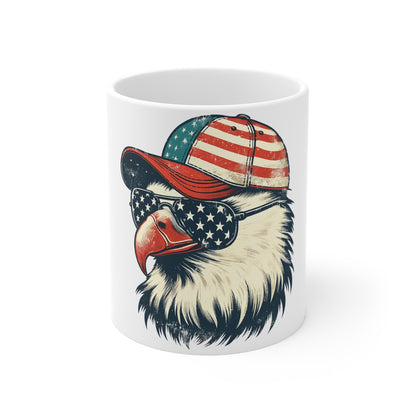 Vintage Patriotic Eagle Coffee Mug – American Flag Sunglasses Eagle Mug – Distressed USA Trucker Hat Cup – Freedom Americana Gift Mug 11oz
