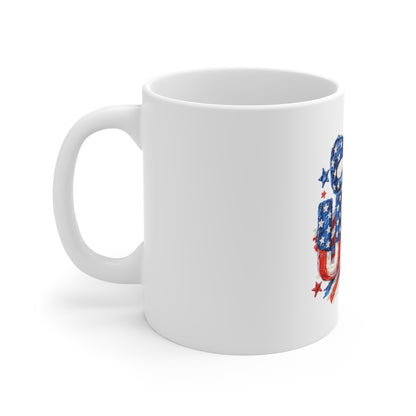 Patriotic USA 11oz Mug - Red White Blue Bow & Stars Coffee Cup