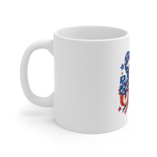 Patriotic USA 11oz Mug - Red White Blue Bow & Stars Coffee Cup