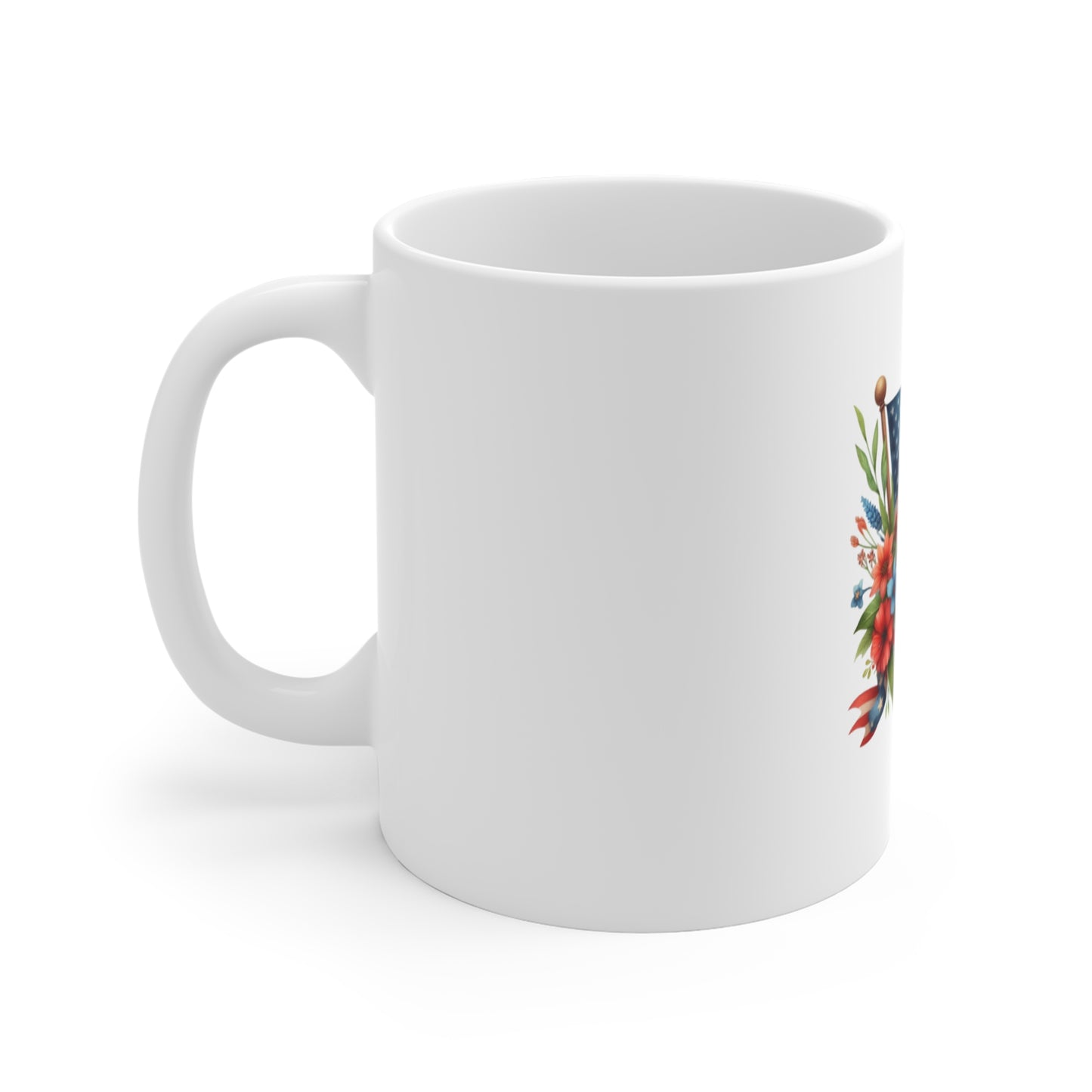 Patriotic Floral Flag Mug — American Flag with Red & Blue Flowers, 11oz