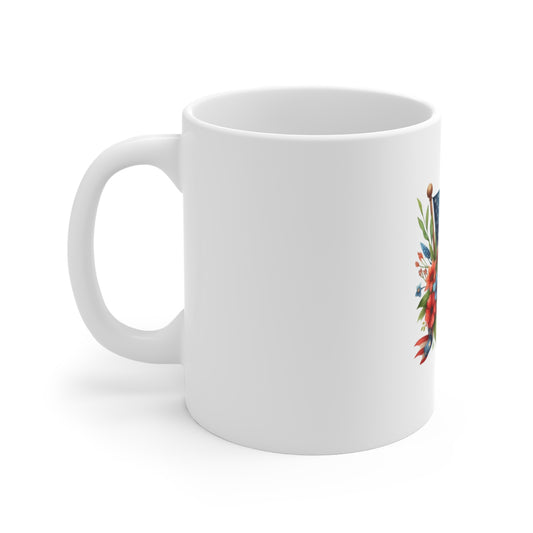 Patriotic Floral Flag Mug — American Flag with Red & Blue Flowers, 11oz