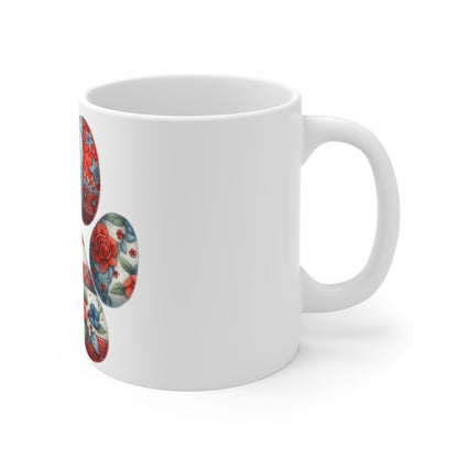 Floral Patriotic Dog Paw Coffee Mug – Americana Flower Patch Paw Print Mug – Red White Blue Quilt Dog Lover Mug – USA Gift Cup Patriotic Paw Print 11oz Mug – Red, White & Blue Floral Stars Coffee Cup...