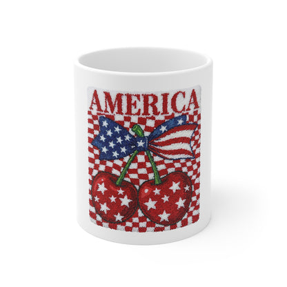 America Cherry Flag Mug — Patriotic 11oz Coffee Cup