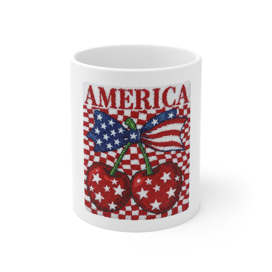 America Cherry Flag Mug — Patriotic 11oz Coffee Cup