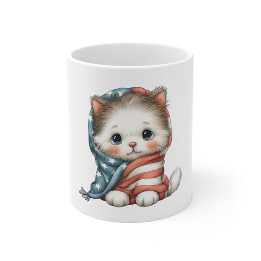 Patriotic Kitten Wrapped in American Flag Mug – Cute Americana Cat Mug – Red White Blue Cat Coffee Mug – 4th of July Cat Lover Gift Patriotic Kitten 11oz Mug — Cute Cat Wrapped in American Flag,...