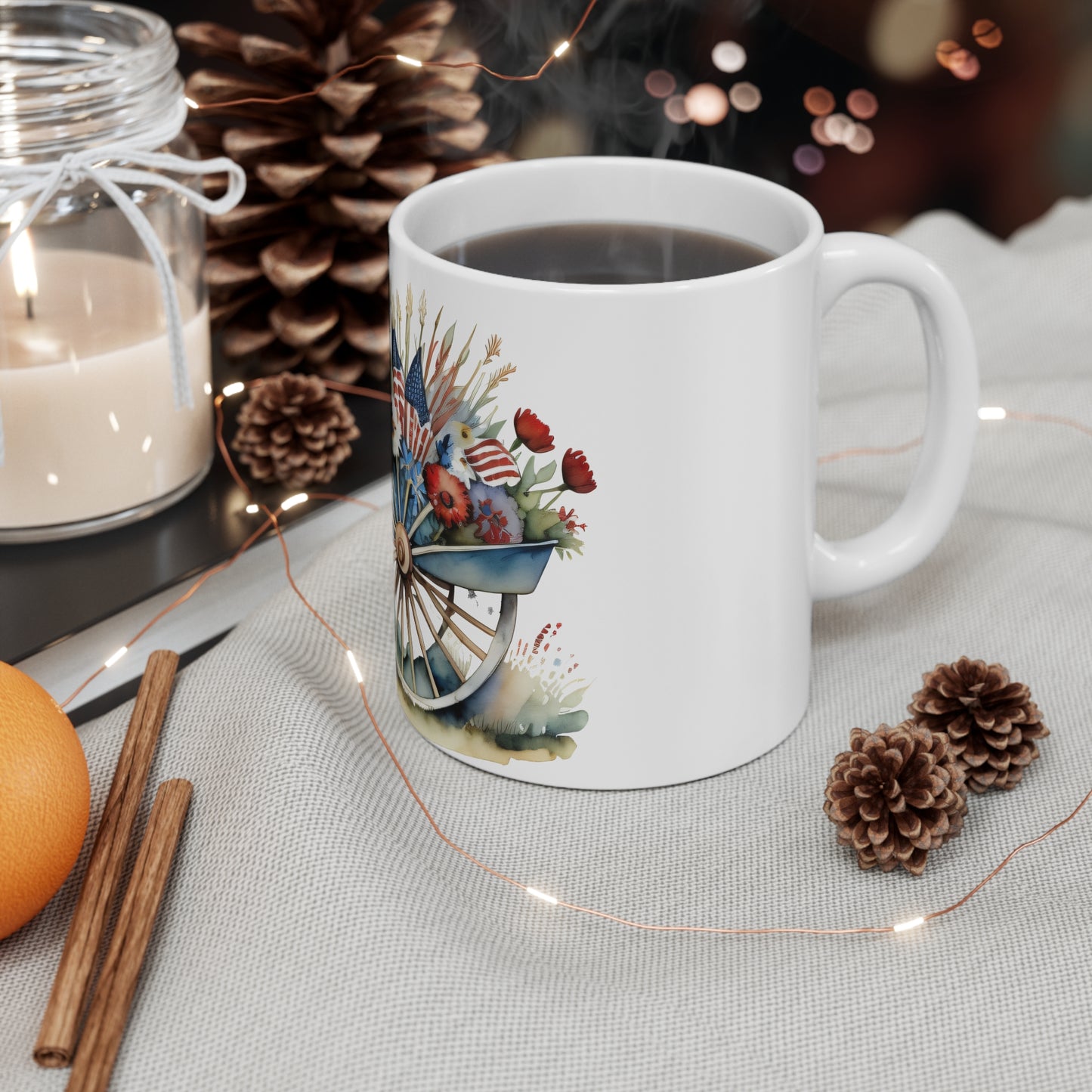 Patriotic Wagon Garden Mug – Americana Watercolor Floral Coffee Cup – Rustic USA Flag Farmhouse Mug 11oz
