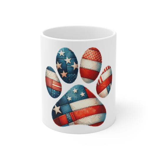 Patriotic Patchwork Dog Paw Coffee Mug – Americana Fabric Paw Print Mug – Red White Blue Dog Lover Mug – USA Pet Gift Cup American Flag Paw Print Mug — Patriotic 11oz Coffee Cup