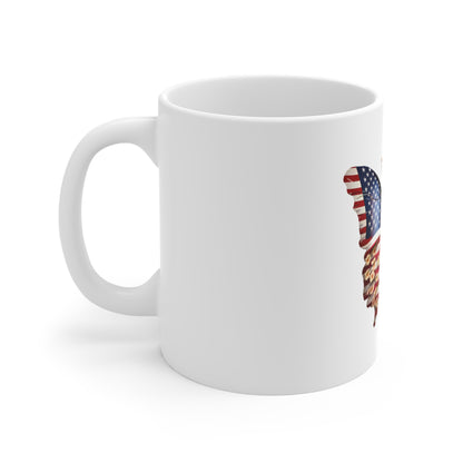 Floral American Flag Butterfly Coffee Mug – Patriotic Butterfly Mug with Blossoms – Elegant Red White Blue Freedom Wings Cup American Flag Butterfly Mug — Patriotic 11oz Coffee Cup