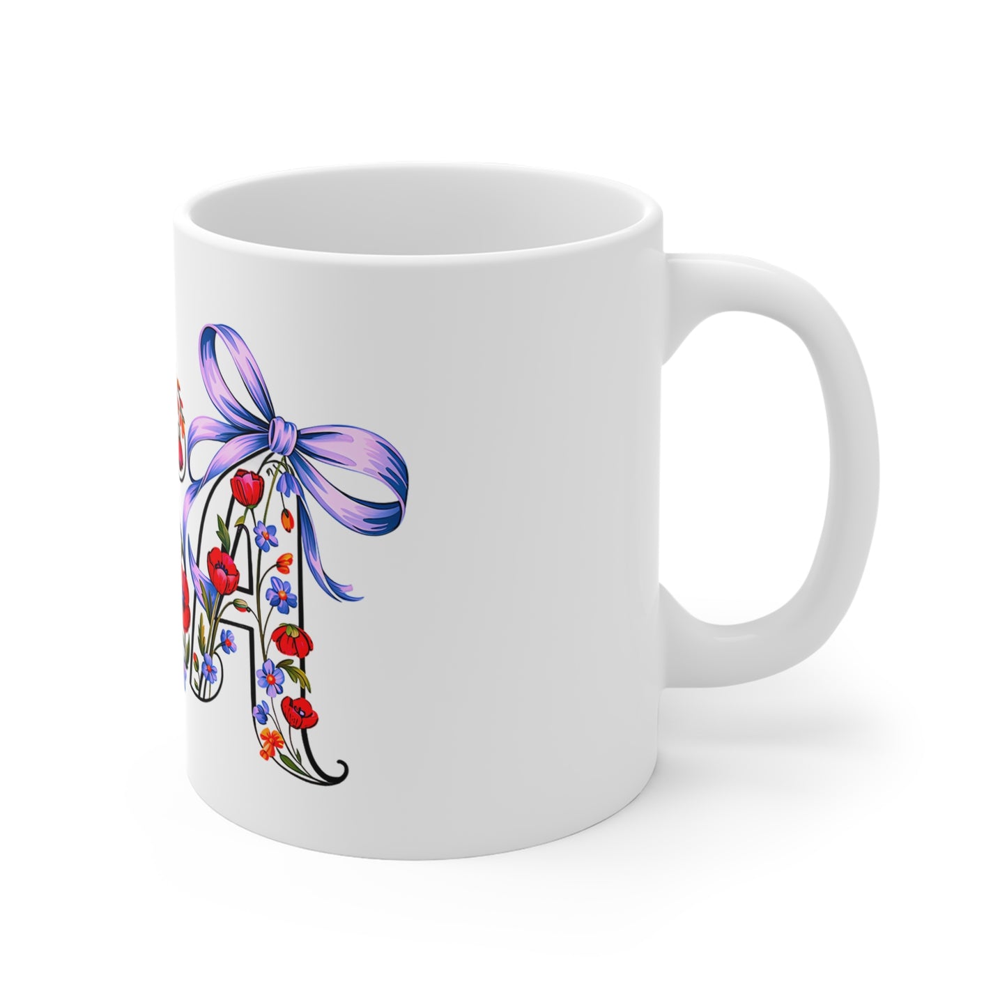 Floral Mom 11oz Mug — Decorative Script with Poppies & Purple Bows