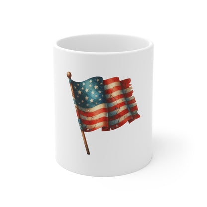 American Flag Ceramic Mug — Vintage USA Patriotic 11oz Coffee Cup