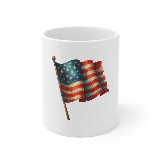 American Flag Ceramic Mug — Vintage USA Patriotic 11oz Coffee Cup