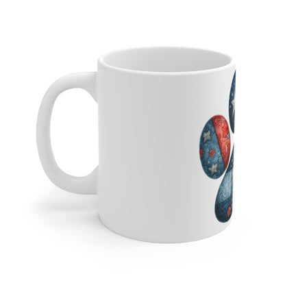 Floral Patriotic Dog Paw Coffee Mug – Americana Flower Patch Paw Print Mug – Red White Blue Quilt Dog Lover Mug – USA Gift Cup Patriotic Paw Print 11oz Mug – Red, White & Blue Floral Stars Coffee Cup...