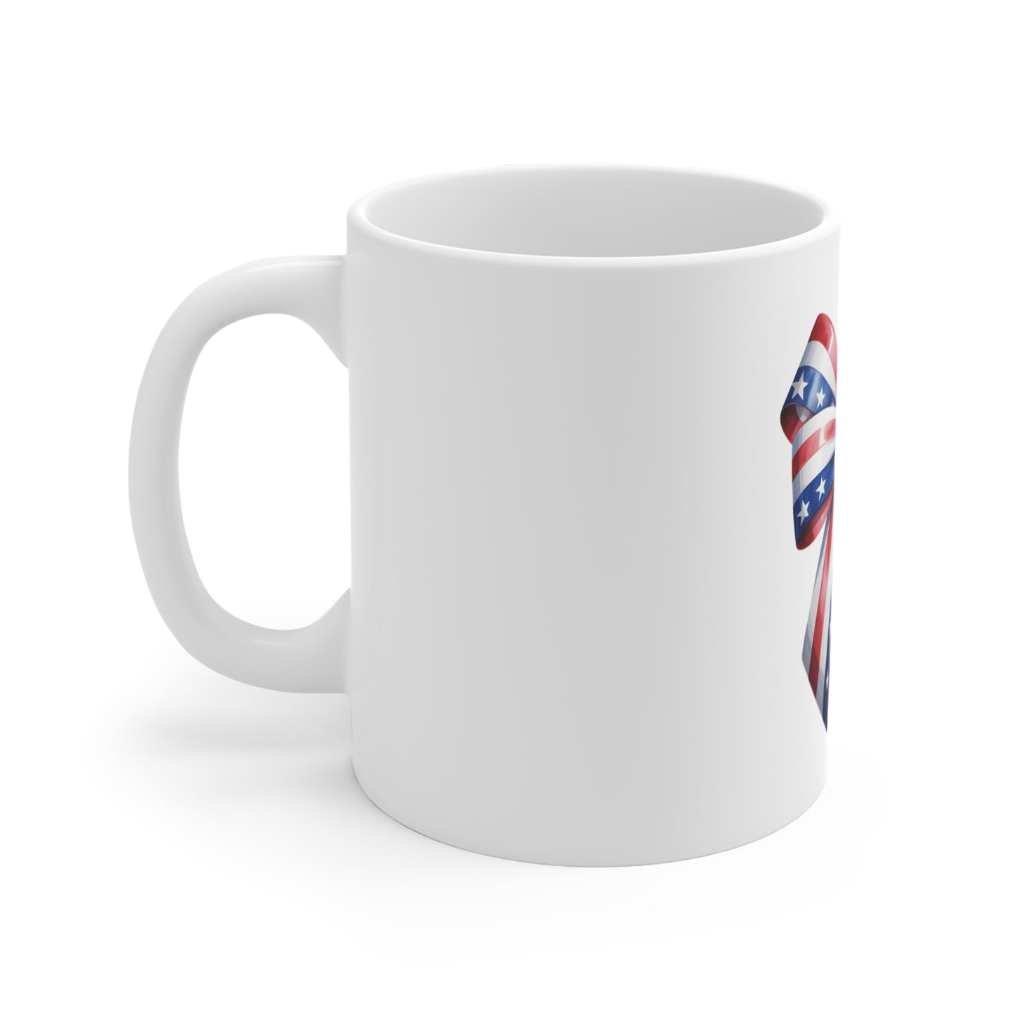 Patriotic Ribbon Bow Mug — American Flag Stars & Stripes 11oz Coffee Cup