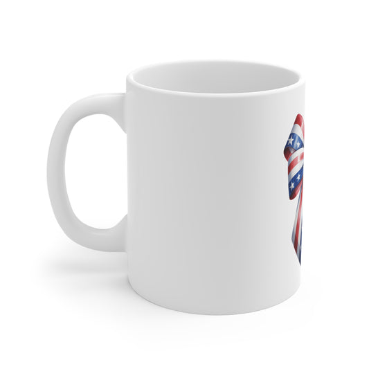 Patriotic Ribbon Bow Mug — American Flag Stars & Stripes 11oz Coffee Cup