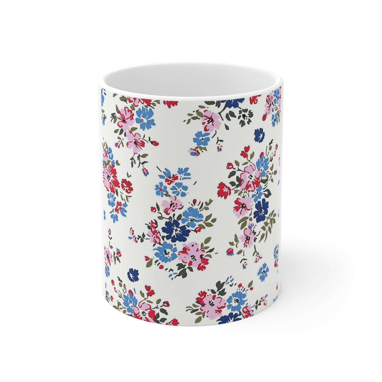 Delicate Patriotic Floral Coffee Mug – Red White Blue Vintage Flower Mug – Cottage Americana Mug – Soft Garden Style USA Cup Floral Vintage Rose 11oz Ceramic Mug — Petite Pink & Blue Bouquet