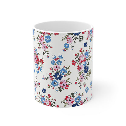 Delicate Patriotic Floral Coffee Mug – Red White Blue Vintage Flower Mug – Cottage Americana Mug – Soft Garden Style USA Cup Floral Vintage Rose 11oz Ceramic Mug — Petite Pink & Blue Bouquet