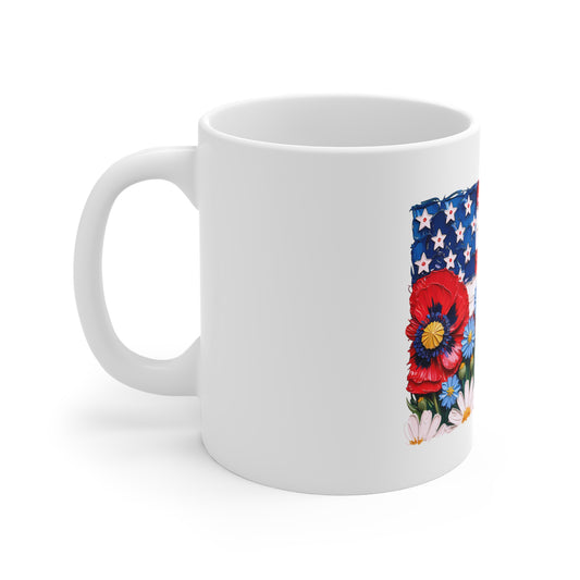 American Flag Floral Mug — Patriotic Poppy & Daisy Coffee Cup (11oz)