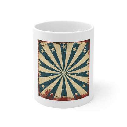Retro American Starburst Coffee Mug – Vintage Patriotic USA Mug – Minimalist Stars & Stripes 11oz Ceramic Cup – Unique Americana Gift